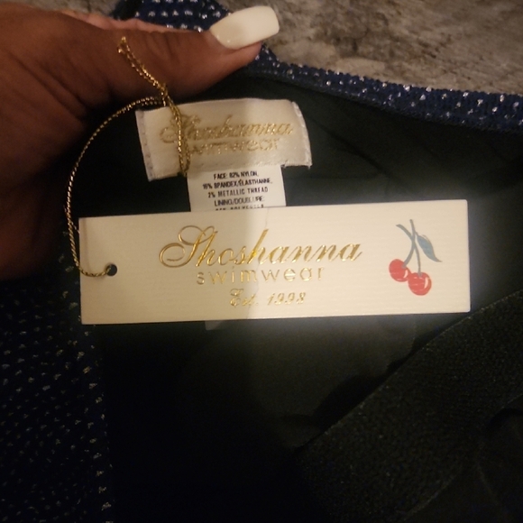 Shoshanna Navy & Silver High Neck Cross Back One-Piece Swimsuit Size 4 - Picture 6 of 6